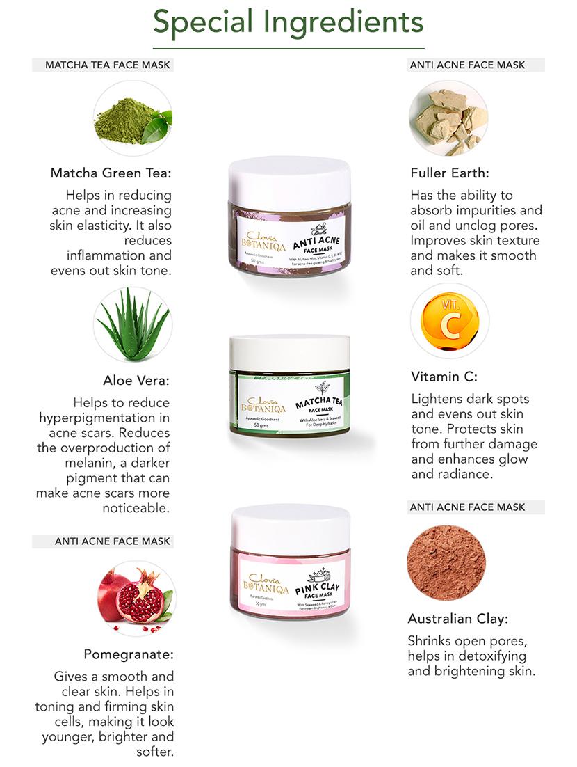 clovia botaniqa anti acne face mask, matcha green tea hydrating face mask & pink clay face mask - 17632810 - Zoom Image - 3