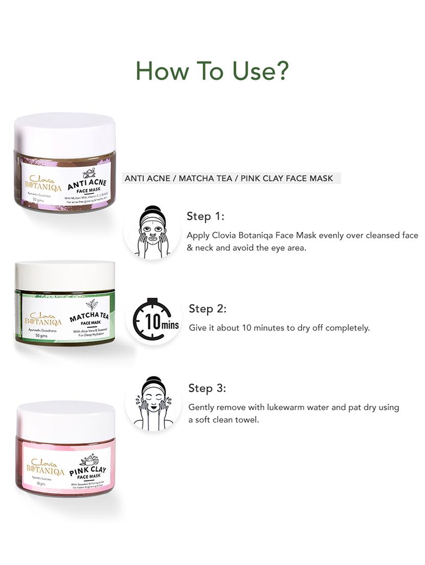 clovia botaniqa anti acne face mask, matcha green tea hydrating face mask & pink clay face mask - 17632810 - Zoom Image - 4