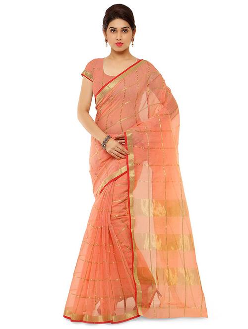 peach cotton blend kota doria saree with blouse - 17633232 - Standard Image - 1