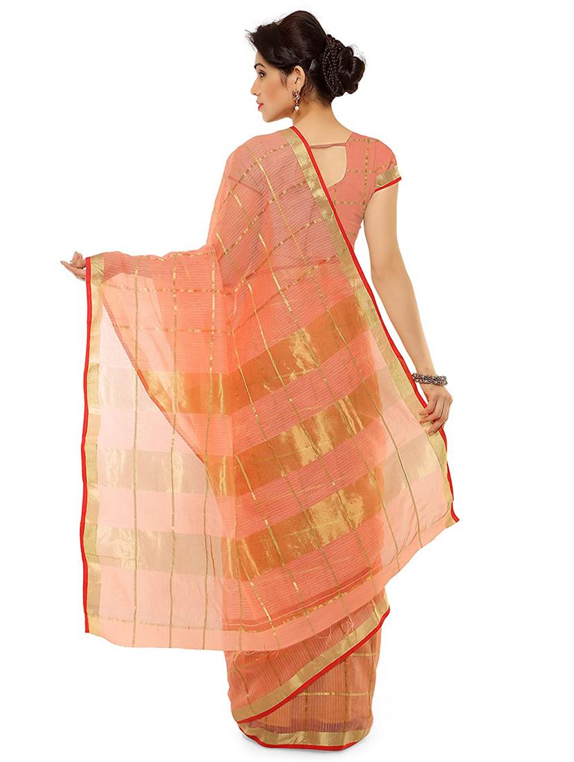 peach cotton blend kota doria saree with blouse - 17633232 - Zoom Image - 2