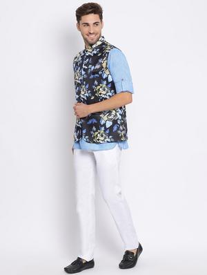 blue solid silk blend kurta pant set with printed nehru jacket - 17633307 - Standard Image - 3