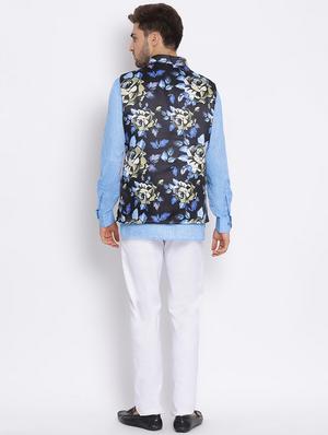 blue solid silk blend kurta pant set with printed nehru jacket - 17633307 - Standard Image - 4