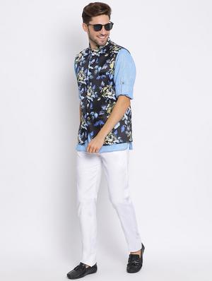 blue solid silk blend kurta pant set with printed nehru jacket - 17633307 - Standard Image - 5