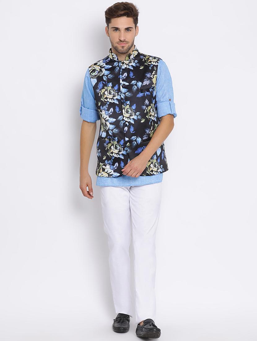 blue solid silk blend kurta pant set with printed nehru jacket - 17633307 - Zoom Image - 1