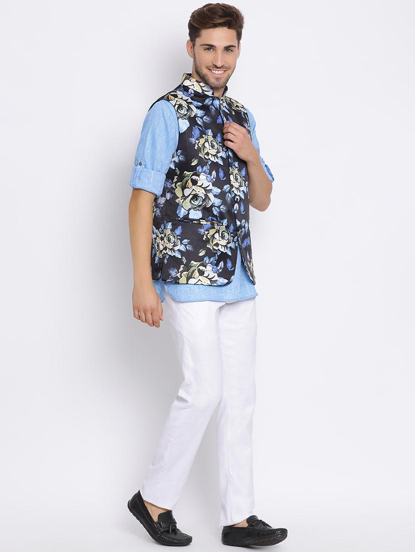 blue solid silk blend kurta pant set with printed nehru jacket - 17633307 - Zoom Image - 2