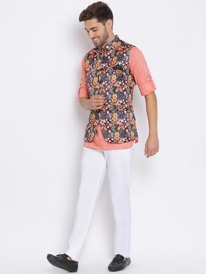 peach solid silk blend kurta pant set with printed nehru jacket - 17633316 - Standard Image - 3