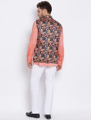 peach solid silk blend kurta pant set with printed nehru jacket - 17633316 - Standard Image - 4