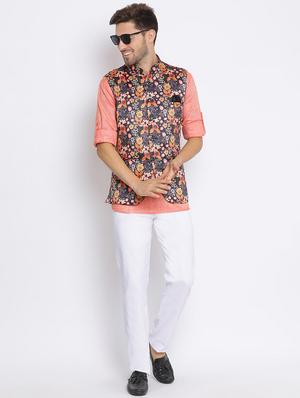 peach solid silk blend kurta pant set with printed nehru jacket - 17633316 - Standard Image - 5