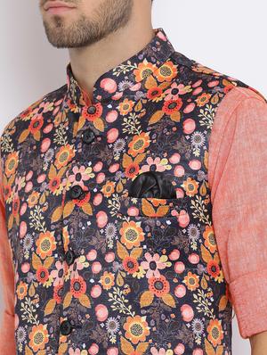 peach solid silk blend kurta pant set with printed nehru jacket - 17633316 - Standard Image - 6