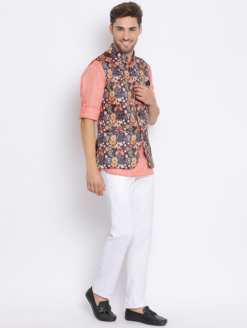 peach solid silk blend kurta pant set with printed nehru jacket - 17633316 - Zoom Image - 2