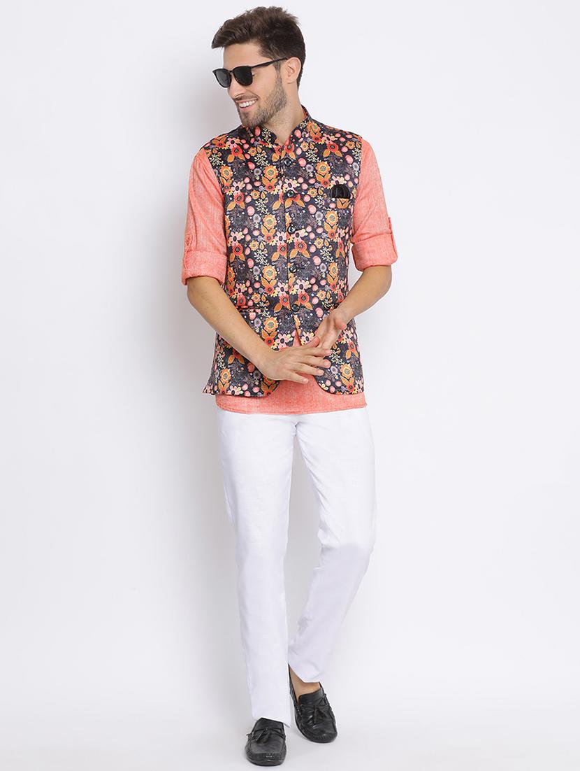 peach solid silk blend kurta pant set with printed nehru jacket - 17633316 - Zoom Image - 5