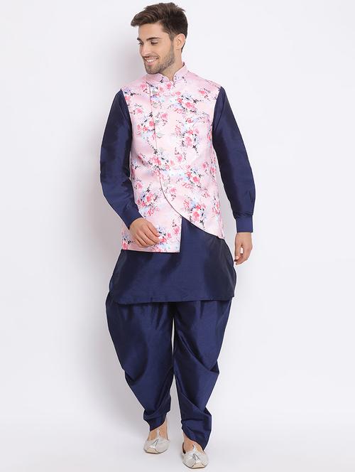 navy blue solid silk blend dhoti kurta set with printed nehru jacket - 17633321 - Standard Image - 1