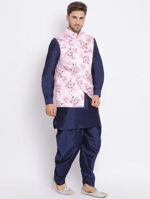 navy blue solid silk blend dhoti kurta set with printed nehru jacket - 17633321 - Standard Image - 2