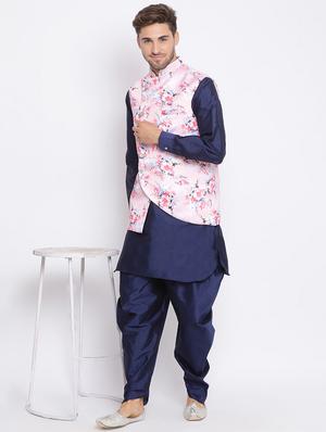navy blue solid silk blend dhoti kurta set with printed nehru jacket - 17633321 - Standard Image - 3