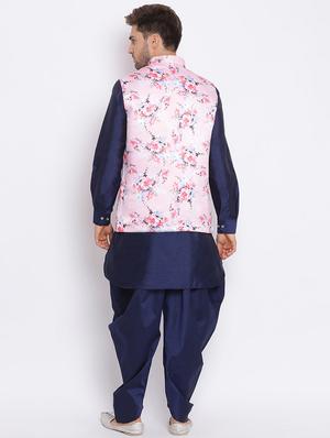 navy blue solid silk blend dhoti kurta set with printed nehru jacket - 17633321 - Standard Image - 4