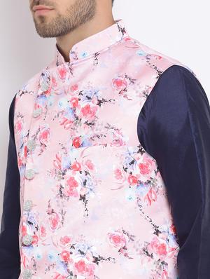 navy blue solid silk blend dhoti kurta set with printed nehru jacket - 17633321 - Standard Image - 5