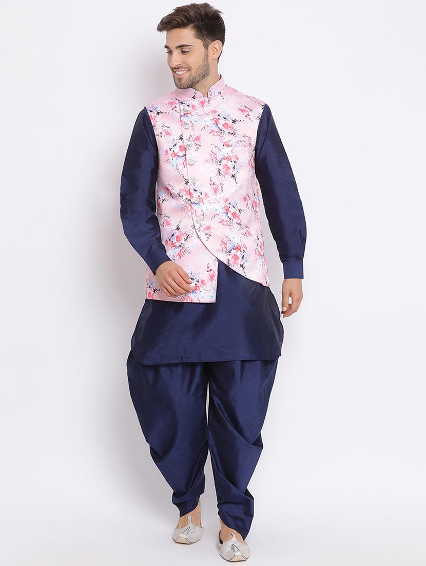 navy blue solid silk blend dhoti kurta set with printed nehru jacket - 17633321 - Zoom Image - 1