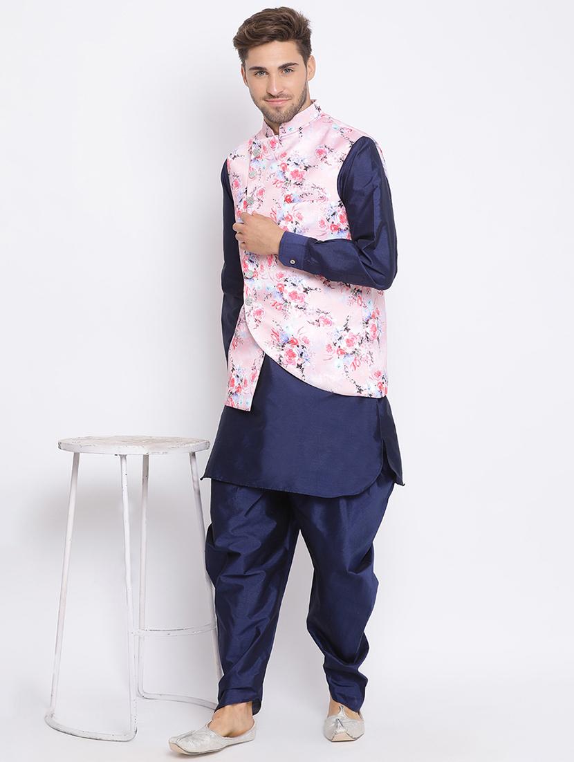navy blue solid silk blend dhoti kurta set with printed nehru jacket - 17633321 - Zoom Image - 3