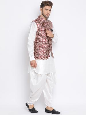 white solid silk blend dhoti kurta set with jacquard nehru jacket - 17633323 - Standard Image - 2