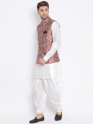 white solid silk blend dhoti kurta set with jacquard nehru jacket - 17633323 - Standard Image - 3