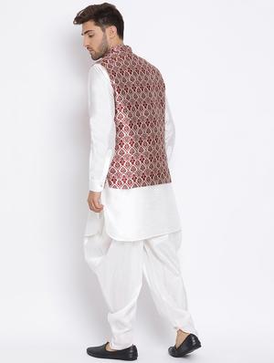 white solid silk blend dhoti kurta set with jacquard nehru jacket - 17633323 - Standard Image - 4