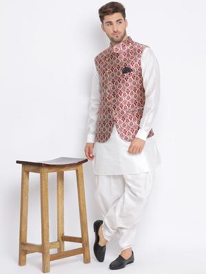white solid silk blend dhoti kurta set with jacquard nehru jacket - 17633323 - Standard Image - 5