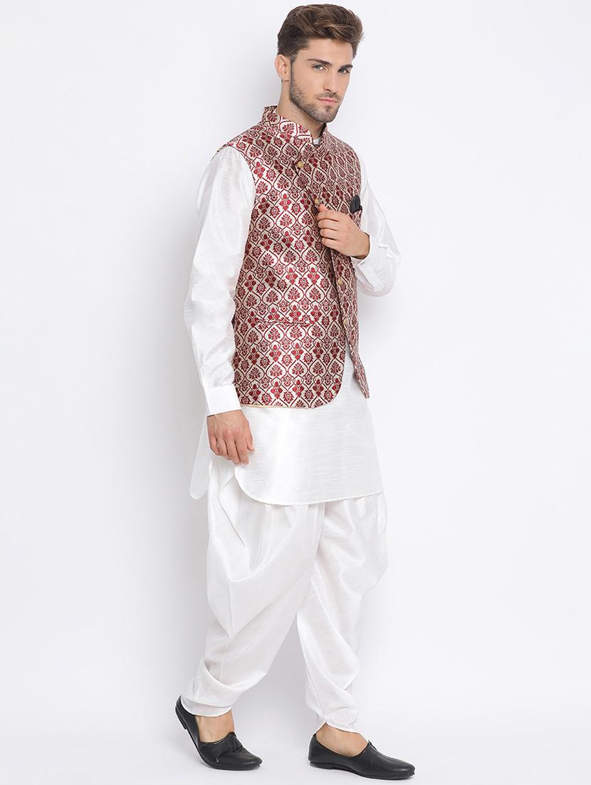white solid silk blend dhoti kurta set with jacquard nehru jacket - 17633323 - Zoom Image - 2