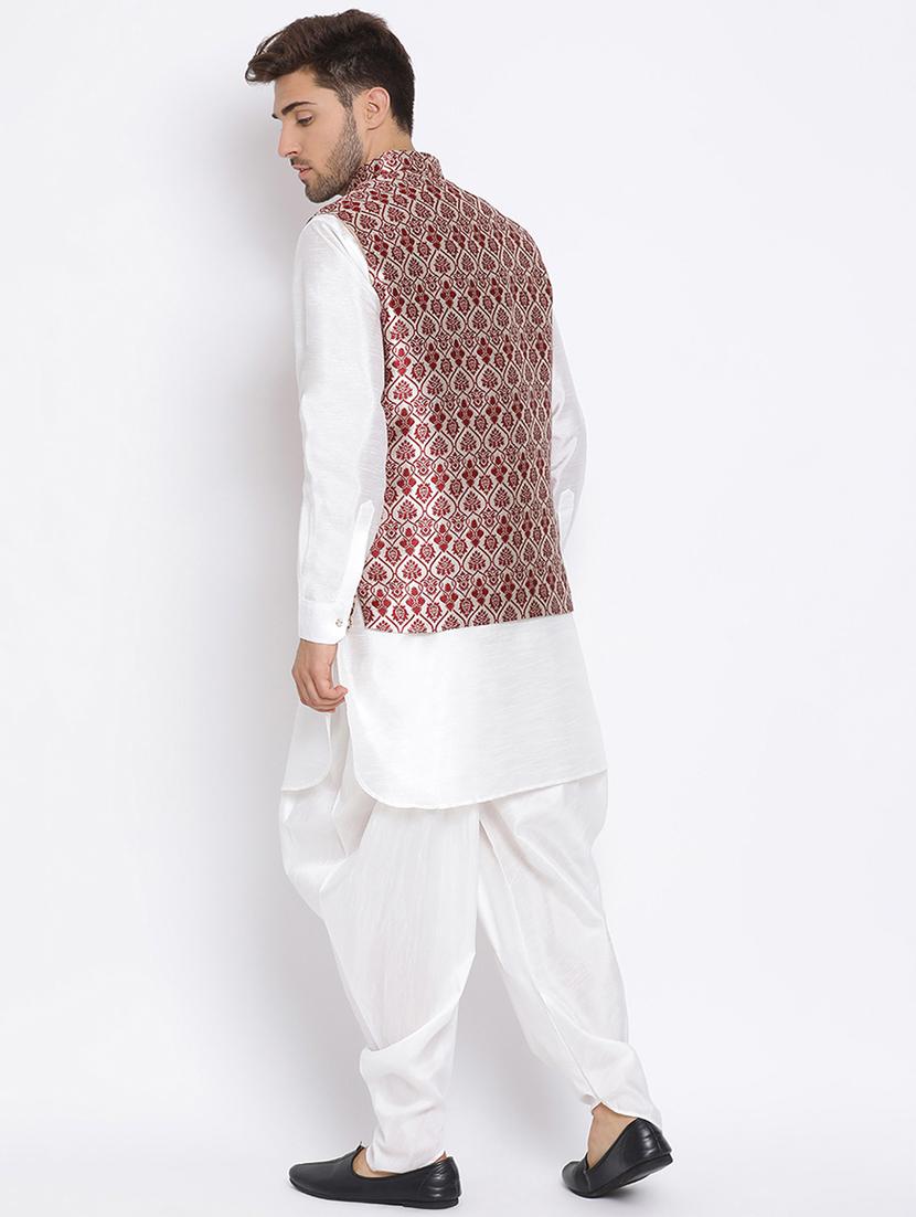white solid silk blend dhoti kurta set with jacquard nehru jacket - 17633323 - Zoom Image - 4
