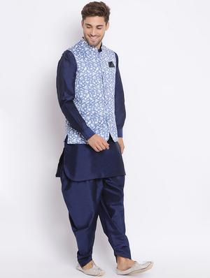 navy blue solid silk blend dhoti kurta set with printed nehru jacket - 17633324 - Standard Image - 2