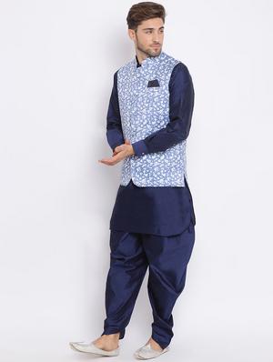 navy blue solid silk blend dhoti kurta set with printed nehru jacket - 17633324 - Standard Image - 3
