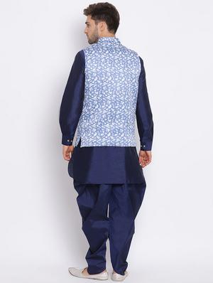 navy blue solid silk blend dhoti kurta set with printed nehru jacket - 17633324 - Standard Image - 4