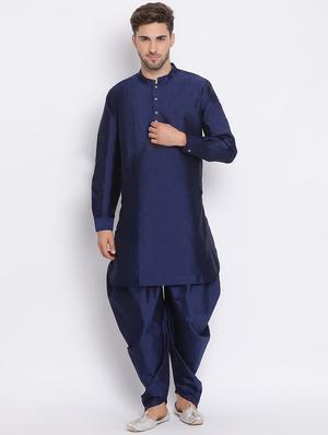 navy blue solid silk blend dhoti kurta set with printed nehru jacket - 17633324 - Standard Image - 5