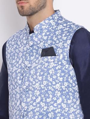 navy blue solid silk blend dhoti kurta set with printed nehru jacket - 17633324 - Standard Image - 6