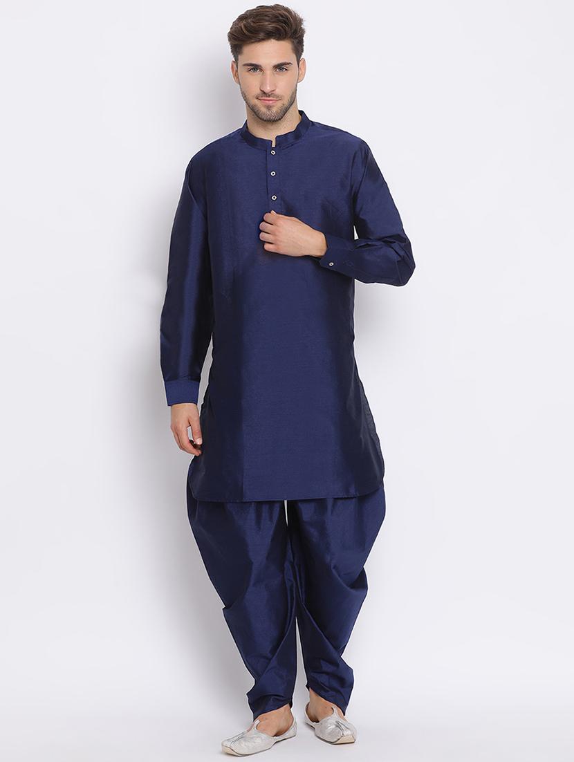 navy blue solid silk blend dhoti kurta set with printed nehru jacket - 17633324 - Zoom Image - 5
