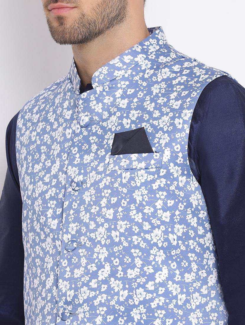 navy blue solid silk blend dhoti kurta set with printed nehru jacket - 17633324 - Zoom Image - 6