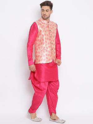 pink solid silk blend dhoti kurta set with printed nehru jacket - 17633327 - Standard Image - 2
