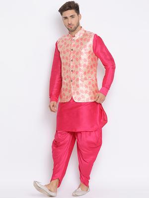 pink solid silk blend dhoti kurta set with printed nehru jacket - 17633327 - Standard Image - 3