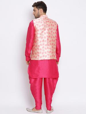 pink solid silk blend dhoti kurta set with printed nehru jacket - 17633327 - Standard Image - 4