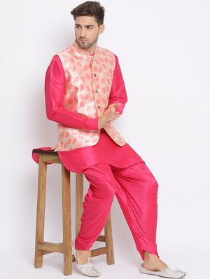 pink solid silk blend dhoti kurta set with printed nehru jacket - 17633327 - Standard Image - 5