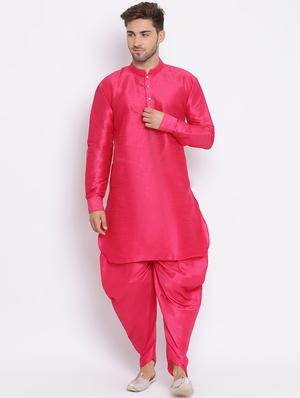 pink solid silk blend dhoti kurta set with printed nehru jacket - 17633327 - Standard Image - 6