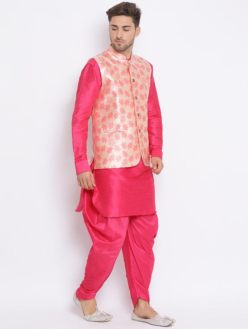 pink solid silk blend dhoti kurta set with printed nehru jacket - 17633327 - Zoom Image - 2