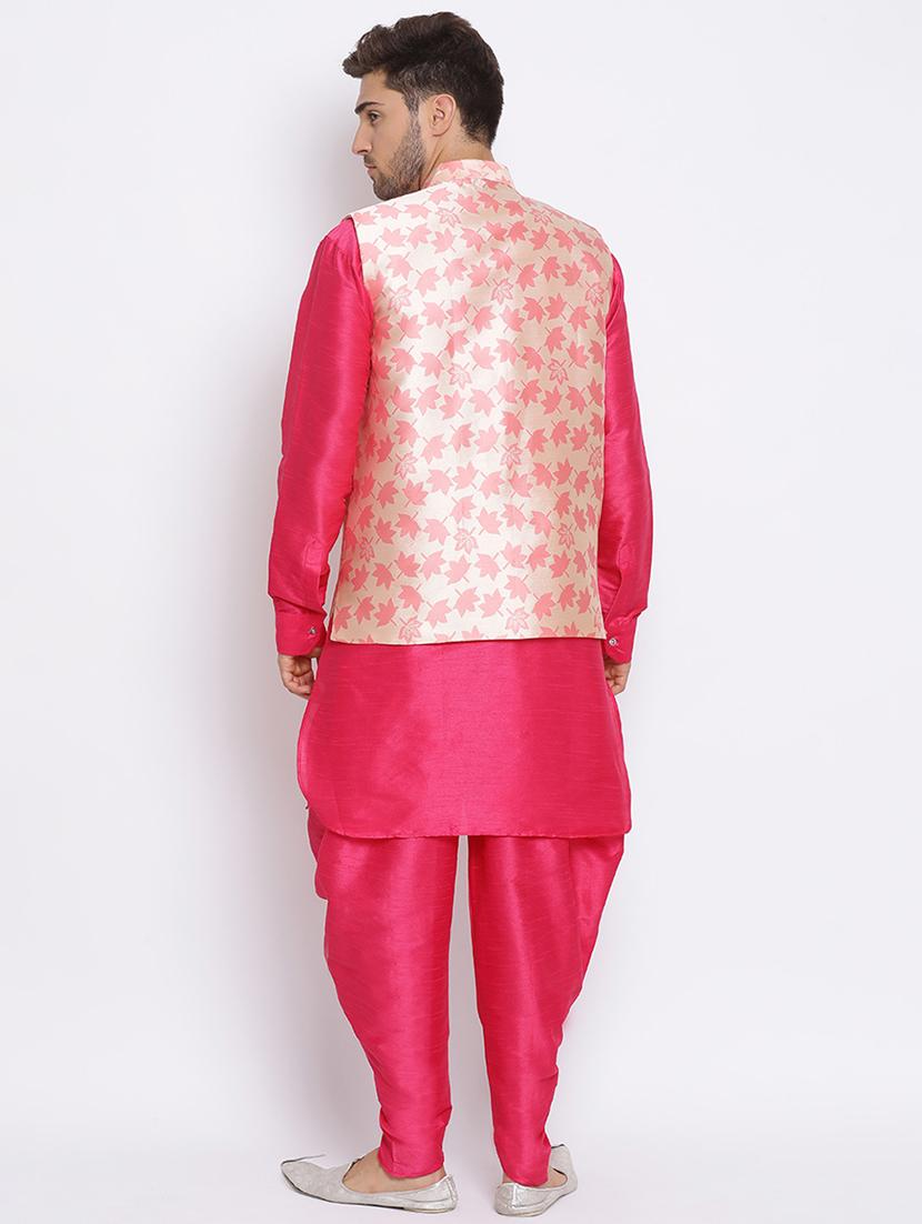 pink solid silk blend dhoti kurta set with printed nehru jacket - 17633327 - Zoom Image - 4