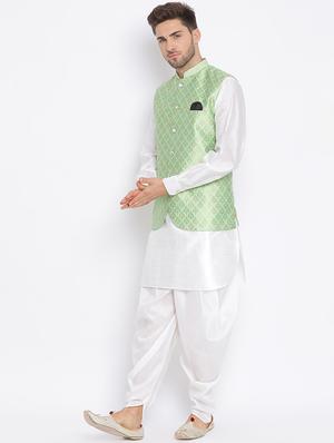 white solid silk blend dhoti kurta set with jacquard nehru jacket - 17633328 - Standard Image - 3