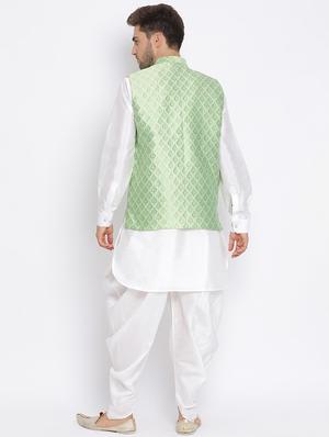 white solid silk blend dhoti kurta set with jacquard nehru jacket - 17633328 - Standard Image - 4