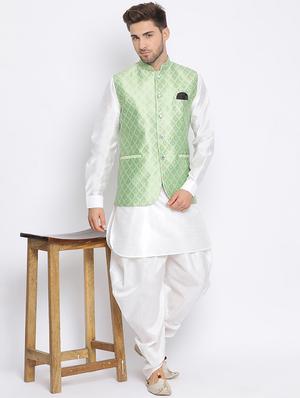 white solid silk blend dhoti kurta set with jacquard nehru jacket - 17633328 - Standard Image - 5
