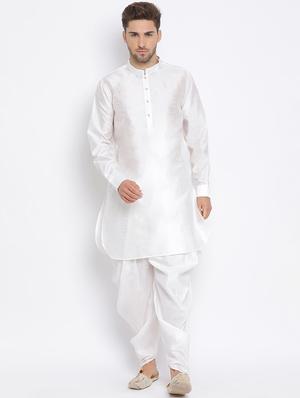 white solid silk blend dhoti kurta set with jacquard nehru jacket - 17633328 - Standard Image - 6