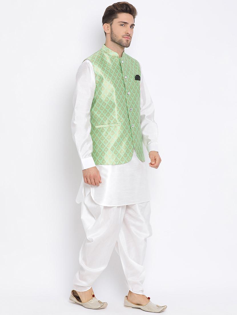 white solid silk blend dhoti kurta set with jacquard nehru jacket - 17633328 - Zoom Image - 2