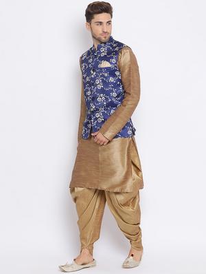 beige solid silk blend dhoti kurta set with printed nehru jacket - 17633331 - Standard Image - 3