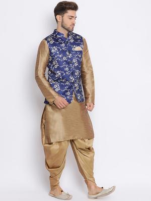 beige solid silk blend dhoti kurta set with printed nehru jacket - 17633331 - Standard Image - 4