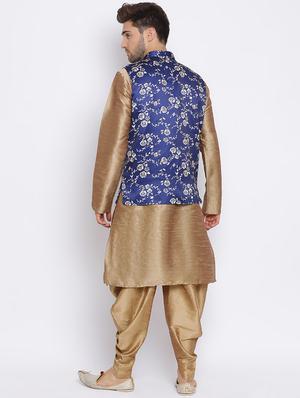 beige solid silk blend dhoti kurta set with printed nehru jacket - 17633331 - Standard Image - 5